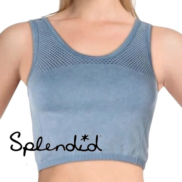 SPLENDID Blue Crop Top Fitness Activewear Yoga Mesh Venting Compression - Picture 1 of 12